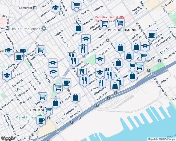 map of restaurants, bars, coffee shops, grocery stores, and more near 2506 East Cambria Street in Philadelphia