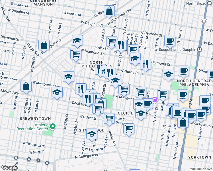 map of restaurants, bars, coffee shops, grocery stores, and more near 1839 North 22nd Street in Philadelphia