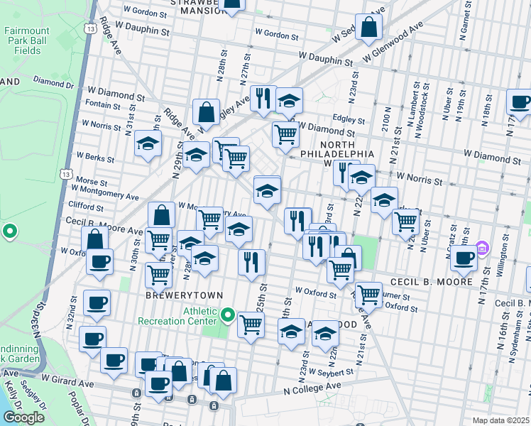 map of restaurants, bars, coffee shops, grocery stores, and more near 2518 Ridge Avenue in Philadelphia