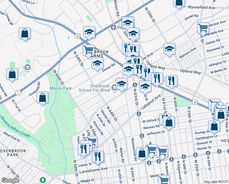 map of restaurants, bars, coffee shops, grocery stores, and more near 6333 Malvern Avenue in Philadelphia