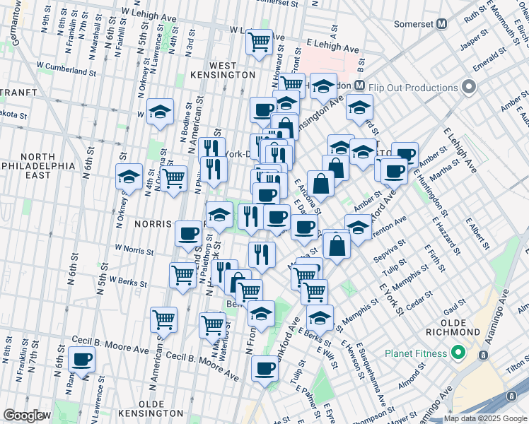 map of restaurants, bars, coffee shops, grocery stores, and more near 2145 North Hope Street in Philadelphia