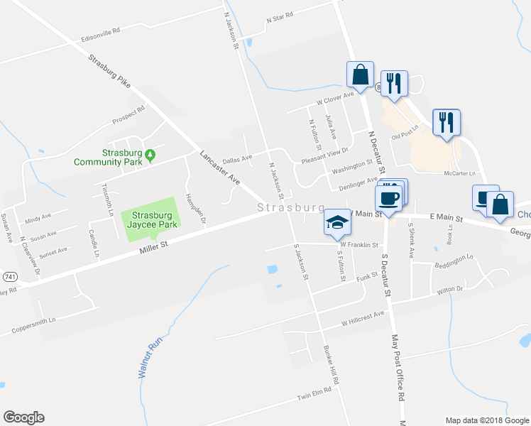 map of restaurants, bars, coffee shops, grocery stores, and more near 19 Miller Street in Strasburg