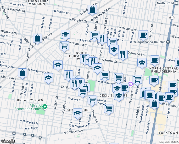 map of restaurants, bars, coffee shops, grocery stores, and more near 1839 North 22nd Street in Philadelphia