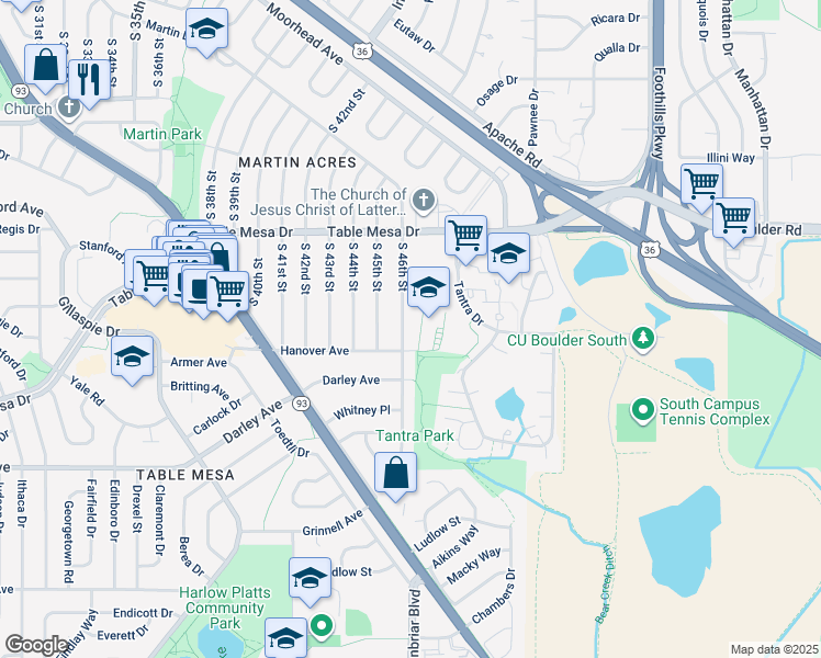 map of restaurants, bars, coffee shops, grocery stores, and more near 760 South 46th Street in Boulder