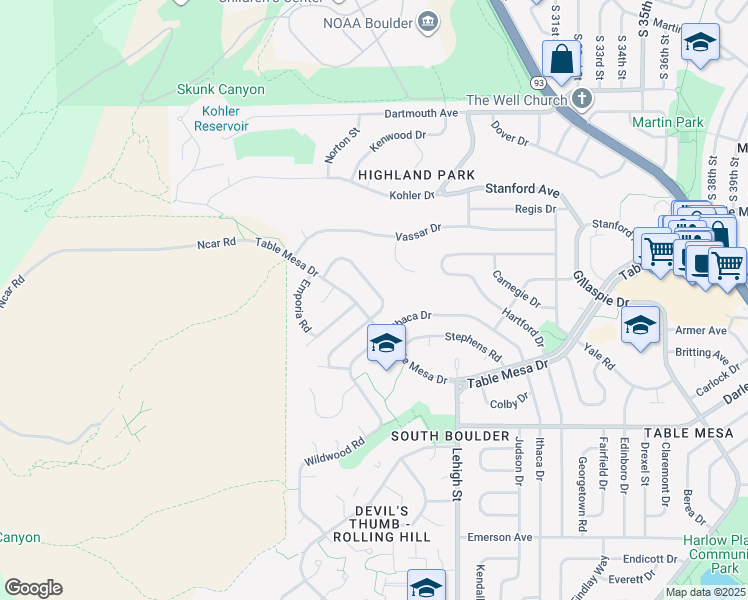 map of restaurants, bars, coffee shops, grocery stores, and more near 2290 Hillsdale Circle in Boulder