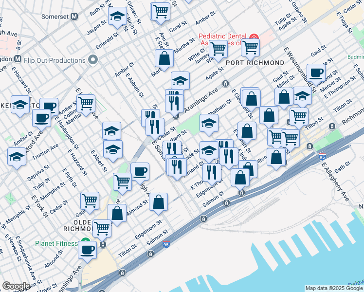 map of restaurants, bars, coffee shops, grocery stores, and more near 2523 East Auburn Street in Philadelphia