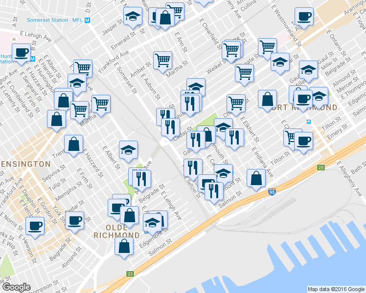 map of restaurants, bars, coffee shops, grocery stores, and more near 2816 Gaul Street in Philadelphia
