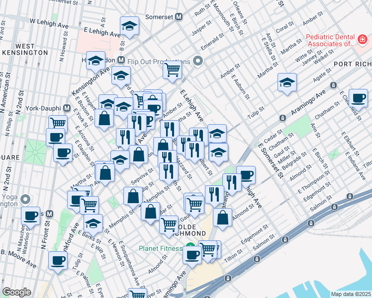 map of restaurants, bars, coffee shops, grocery stores, and more near 2223 East Huntingdon Street in Philadelphia