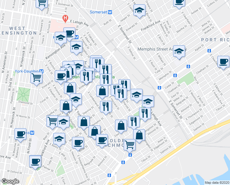 map of restaurants, bars, coffee shops, grocery stores, and more near 2223 East Huntingdon Street in Philadelphia