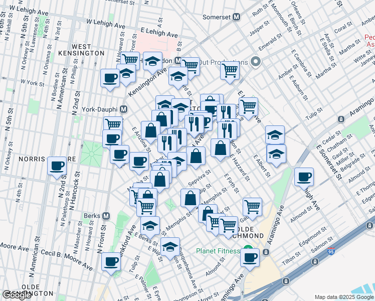 map of restaurants, bars, coffee shops, grocery stores, and more near 2133 East Letterly Street in Philadelphia