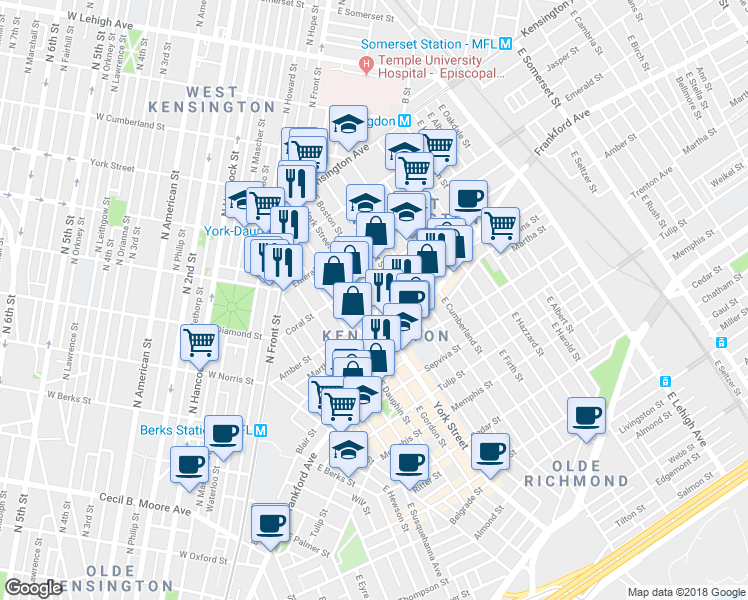 map of restaurants, bars, coffee shops, grocery stores, and more near 2326 Amber Street in Philadelphia