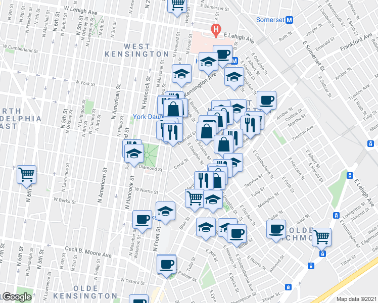 map of restaurants, bars, coffee shops, grocery stores, and more near 2050 East Dauphin Street in Philadelphia