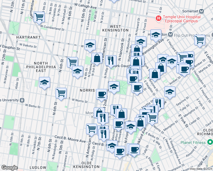 map of restaurants, bars, coffee shops, grocery stores, and more near in Philadelphia