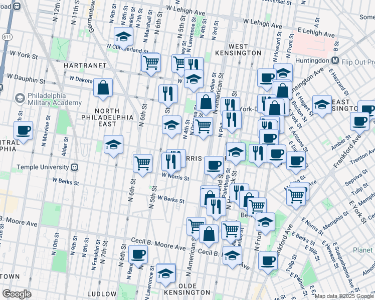 map of restaurants, bars, coffee shops, grocery stores, and more near 303 Diamond Street in Philadelphia