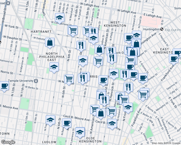 map of restaurants, bars, coffee shops, grocery stores, and more near 303 Diamond Street in Philadelphia