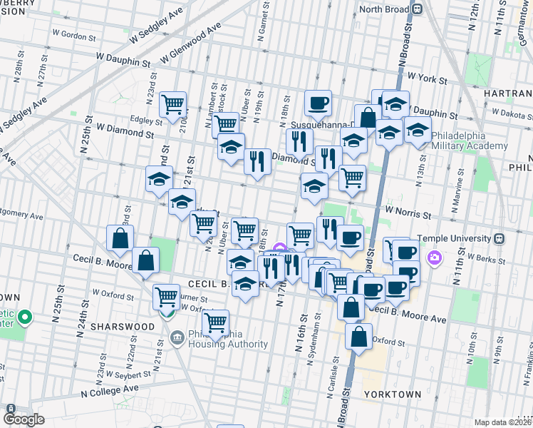 map of restaurants, bars, coffee shops, grocery stores, and more near 1849 North 18th Street in Philadelphia