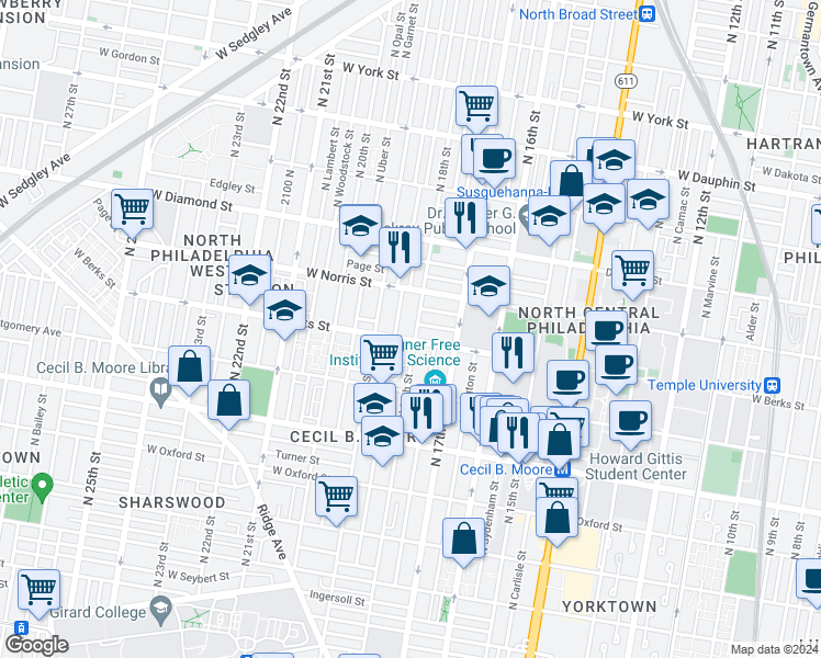 map of restaurants, bars, coffee shops, grocery stores, and more near 1849 North 18th Street in Philadelphia