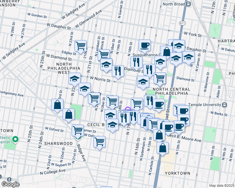 map of restaurants, bars, coffee shops, grocery stores, and more near 1849 North 18th Street in Philadelphia