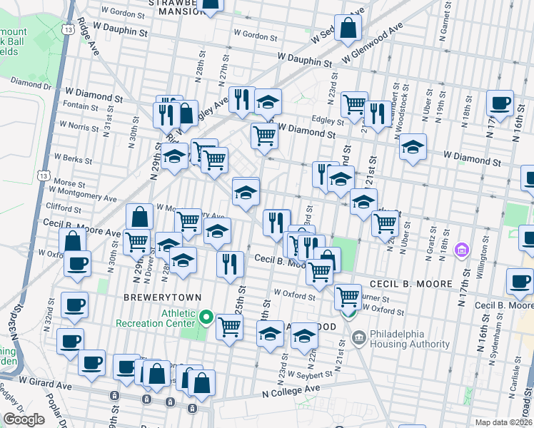 map of restaurants, bars, coffee shops, grocery stores, and more near 2407 West Montgomery Avenue in Philadelphia