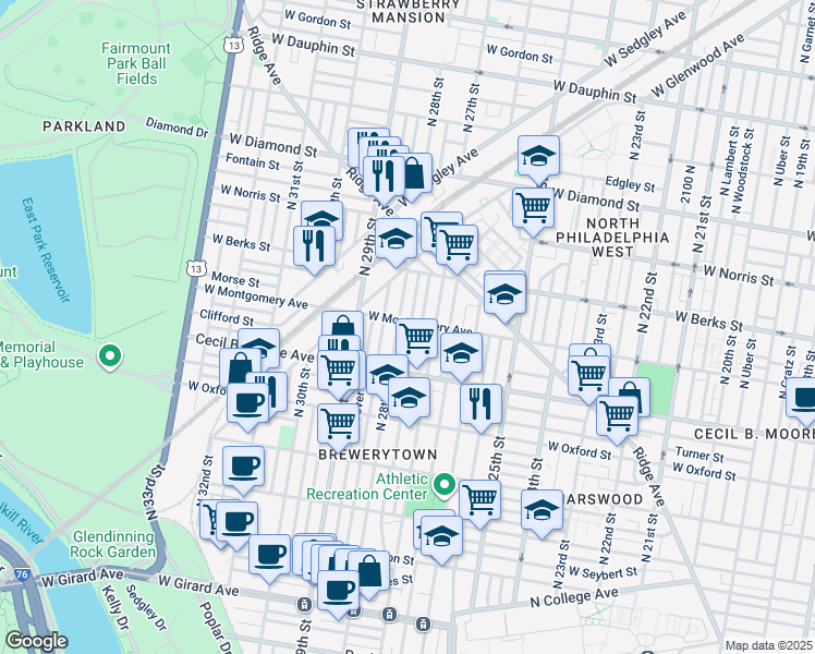 map of restaurants, bars, coffee shops, grocery stores, and more near 2732 West Montgomery Avenue in Philadelphia