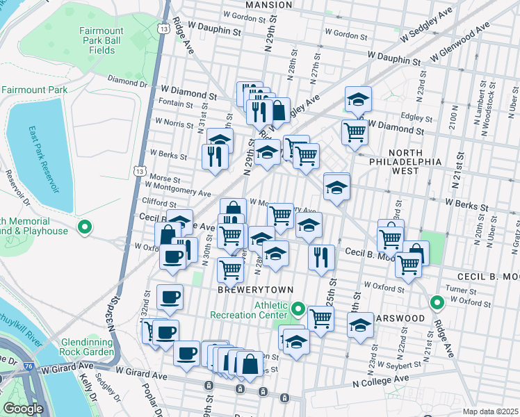 map of restaurants, bars, coffee shops, grocery stores, and more near 2742 West Eyre Street in Philadelphia