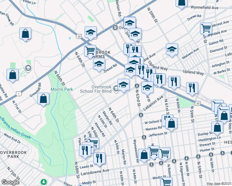 map of restaurants, bars, coffee shops, grocery stores, and more near 6331 Malvern Avenue in Philadelphia