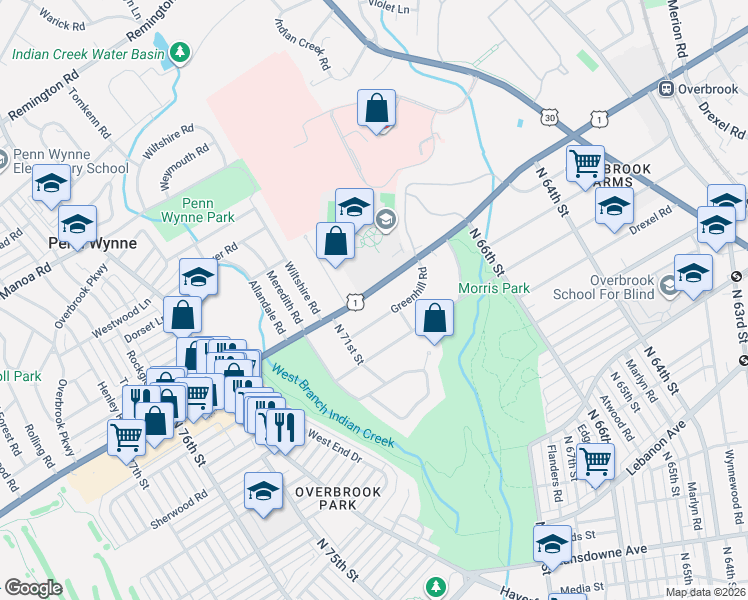map of restaurants, bars, coffee shops, grocery stores, and more near 7015 Greenhill Road in Philadelphia