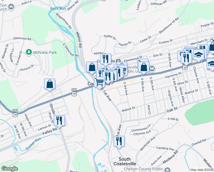 map of restaurants, bars, coffee shops, grocery stores, and more near 130 Lincoln Highway East in Coatesville
