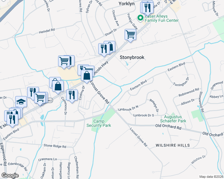 map of restaurants, bars, coffee shops, grocery stores, and more near 123 Locust Grove Road in York