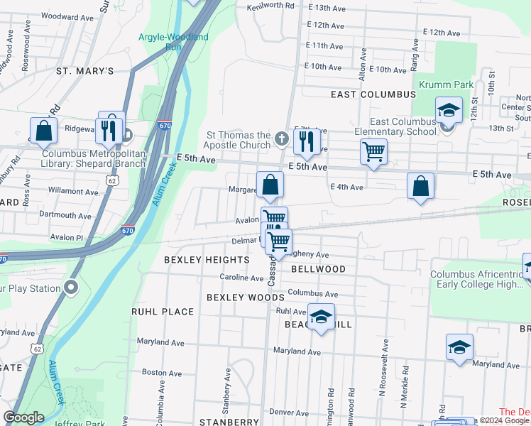 map of restaurants, bars, coffee shops, grocery stores, and more near 2665 Avalon Place in Columbus