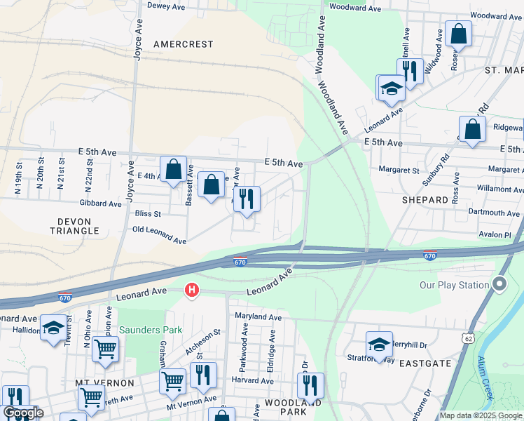 map of restaurants, bars, coffee shops, grocery stores, and more near 748 Parkwood Avenue in Columbus