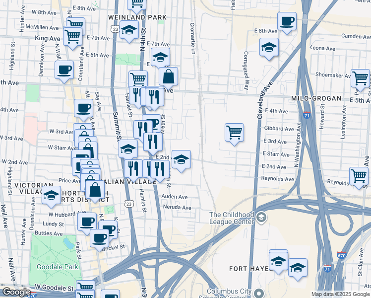map of restaurants, bars, coffee shops, grocery stores, and more near 328 East 2nd Avenue in Columbus