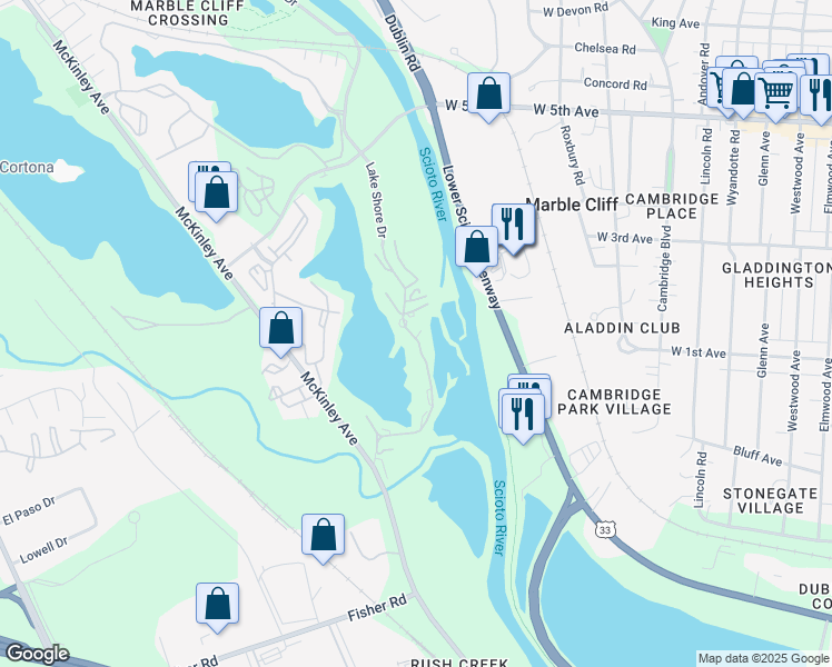 map of restaurants, bars, coffee shops, grocery stores, and more near 1326 Lake Shore Drive in Columbus