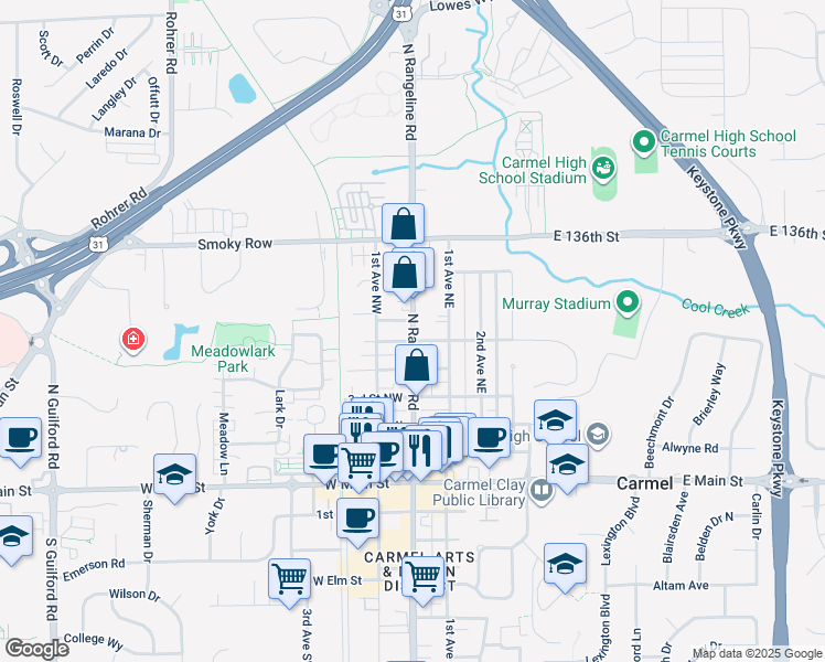 map of restaurants, bars, coffee shops, grocery stores, and more near 443 North Rangeline Road in Carmel
