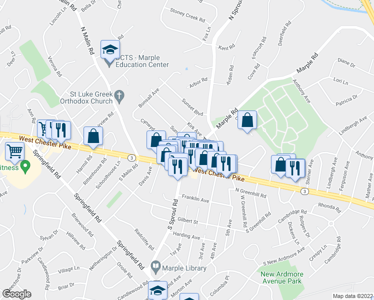 map of restaurants, bars, coffee shops, grocery stores, and more near 30 North Sproul Road in Broomall