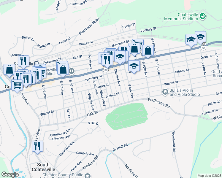map of restaurants, bars, coffee shops, grocery stores, and more near 83 Pennsylvania Avenue in Coatesville