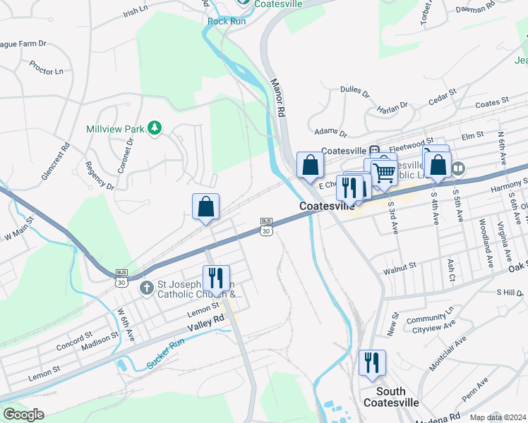 map of restaurants, bars, coffee shops, grocery stores, and more near 135 West Lincoln Highway in Coatesville