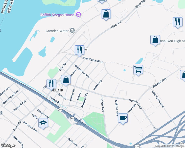 map of restaurants, bars, coffee shops, grocery stores, and more near 1005 Bridgeview Avenue in Pennsauken Township