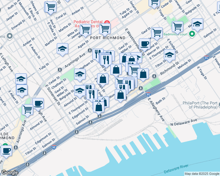 map of restaurants, bars, coffee shops, grocery stores, and more near 3057 East Thompson Street in Philadelphia