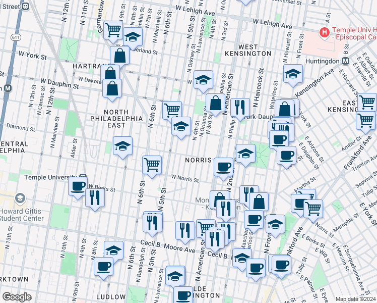 map of restaurants, bars, coffee shops, grocery stores, and more near 2109 North Leithgow Street in Philadelphia