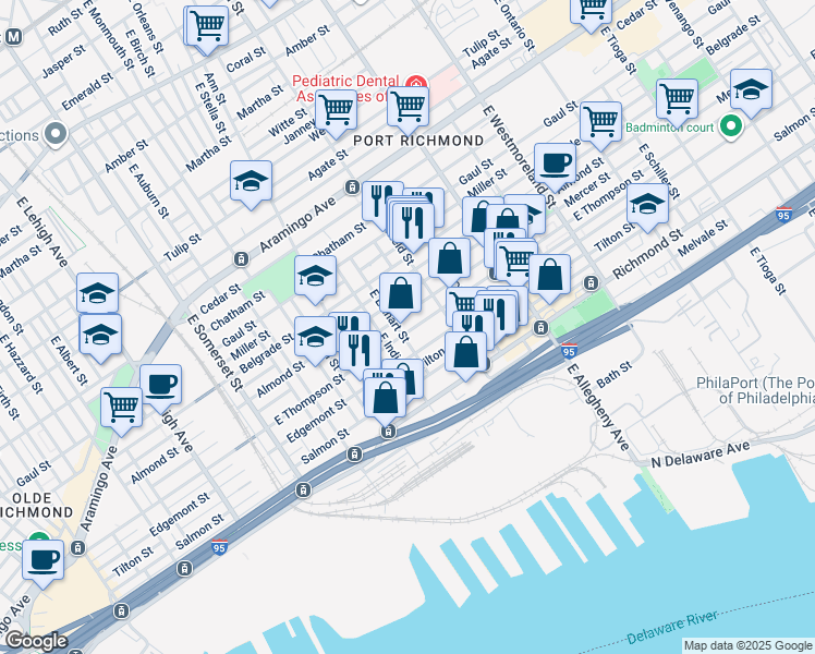 map of restaurants, bars, coffee shops, grocery stores, and more near 3026 East Thompson Street in Philadelphia