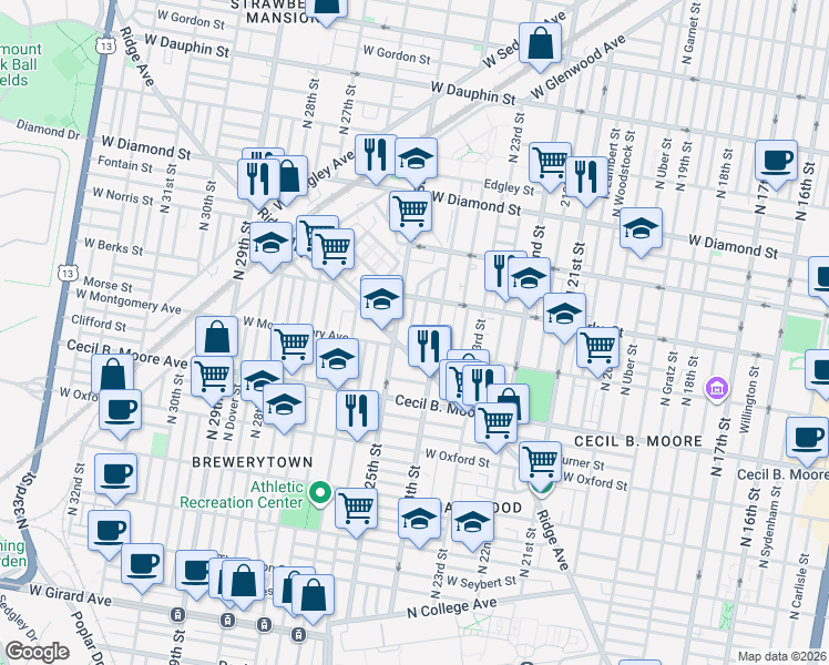 map of restaurants, bars, coffee shops, grocery stores, and more near 2407 West Montgomery Avenue in Philadelphia
