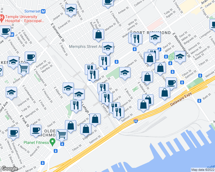 map of restaurants, bars, coffee shops, grocery stores, and more near Gaul St & E Auburn St in Philadelphia