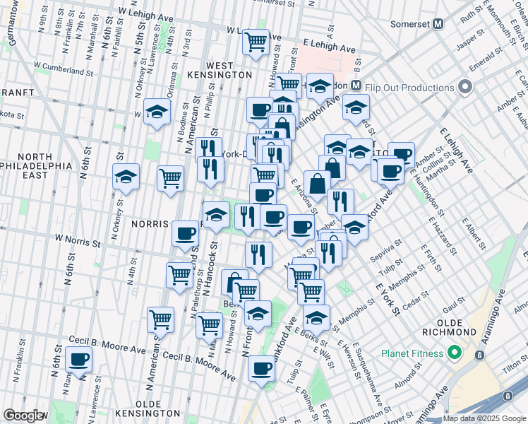 map of restaurants, bars, coffee shops, grocery stores, and more near 2121 North Howard Street in Philadelphia