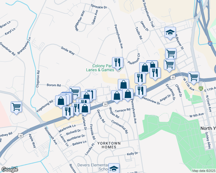 map of restaurants, bars, coffee shops, grocery stores, and more near 735 Hardwick Place in York