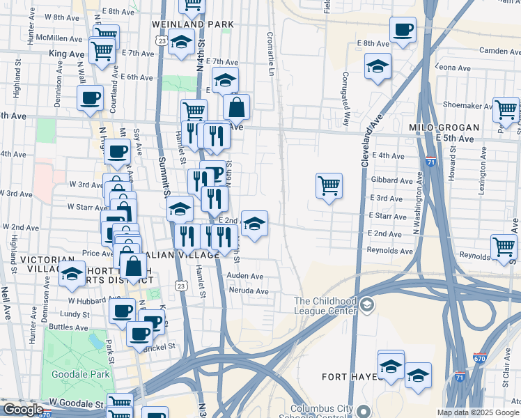 map of restaurants, bars, coffee shops, grocery stores, and more near 324 East 2nd Avenue in Columbus