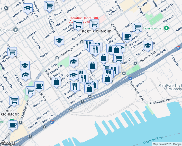 map of restaurants, bars, coffee shops, grocery stores, and more near 3013 Mercer Street in Philadelphia