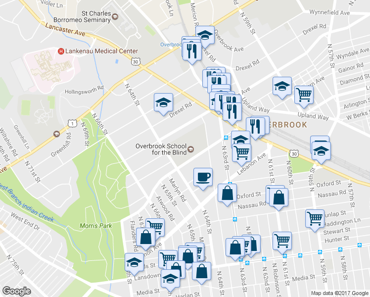 map of restaurants, bars, coffee shops, grocery stores, and more near 6331 Malvern Avenue in Philadelphia