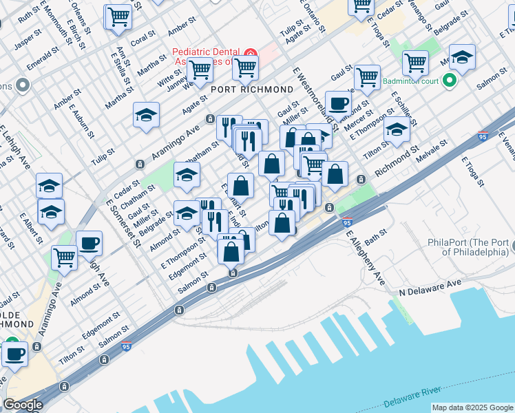 map of restaurants, bars, coffee shops, grocery stores, and more near 3057 East Thompson Street in Philadelphia