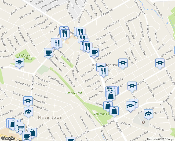 map of restaurants, bars, coffee shops, grocery stores, and more near 29 Braeburn Road in Havertown